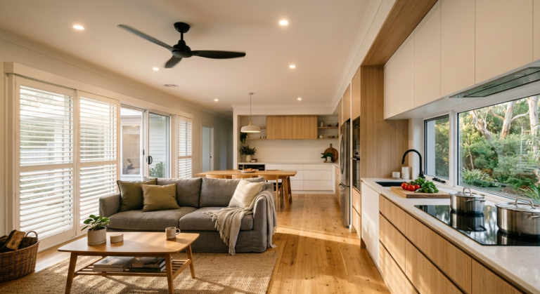 An open plan living room and kitchen with a ceiling fan