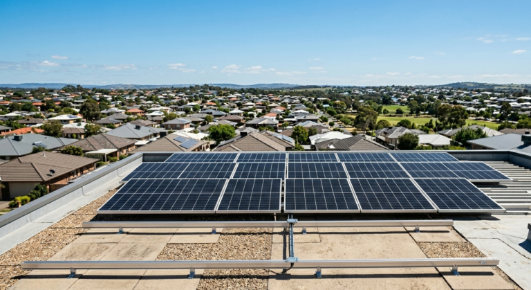 Solar panels on a flat roof above a suburb of houses