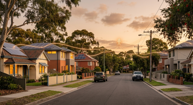 A suburban street at sunset with solar panels on the houses
