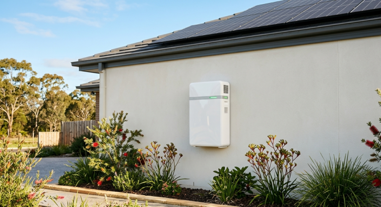 A home battery on the wall of a rendered house with rooftop solar
