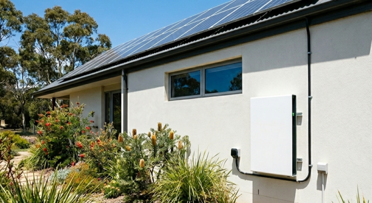 A white battery on the wall of a rendered house with rooftop solar