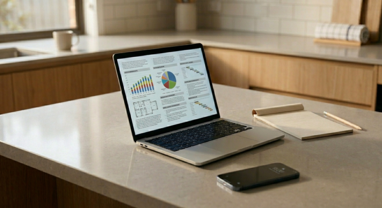 A laptop on a bench showing charts beside a notepad