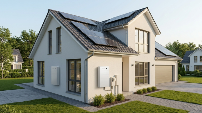 A home with rooftop solar and two wall-mounted batteries outside