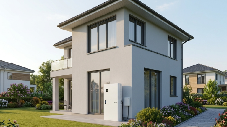 A wall-mounted home battery on the exterior of a two-storey house