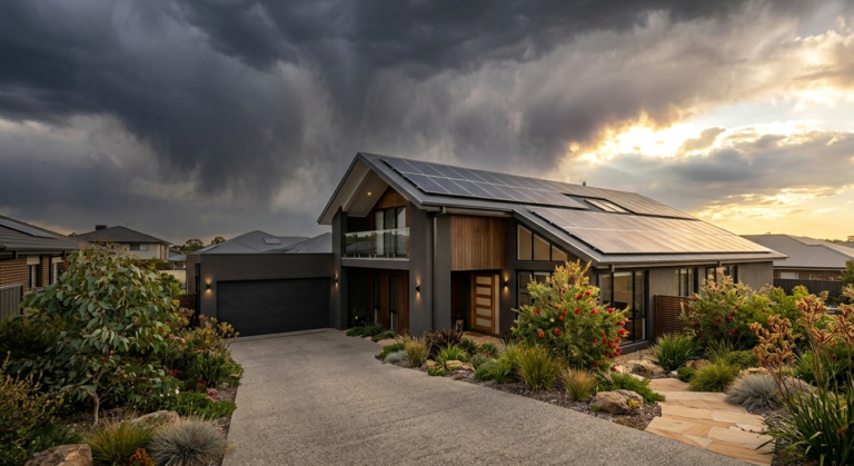 A house with rooftop solar under a heavy storm sky