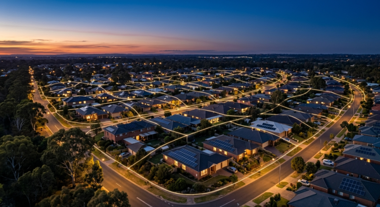 Aerial view of a suburb at dusk with lit streets