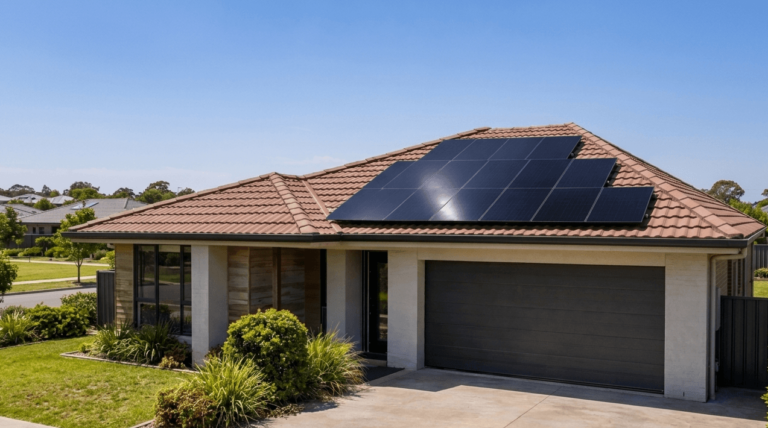 Solar panels on the tiled roof of a suburban home under a clear sky