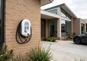 An EV charger on a brick wall with a car in the driveway beyond