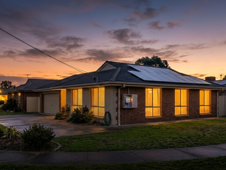 A brick home with rooftop solar and lit windows at dusk