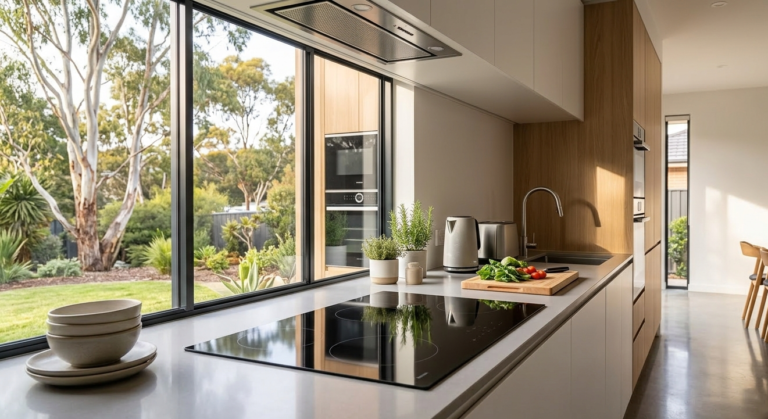 A modern kitchen with an induction cooktop and no gas appliances