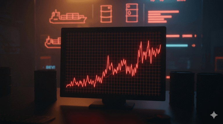 A screen showing a sharply rising energy price chart in red