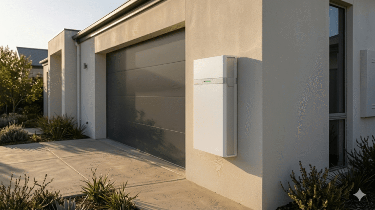 A home battery mounted on an exterior wall beside a garage door