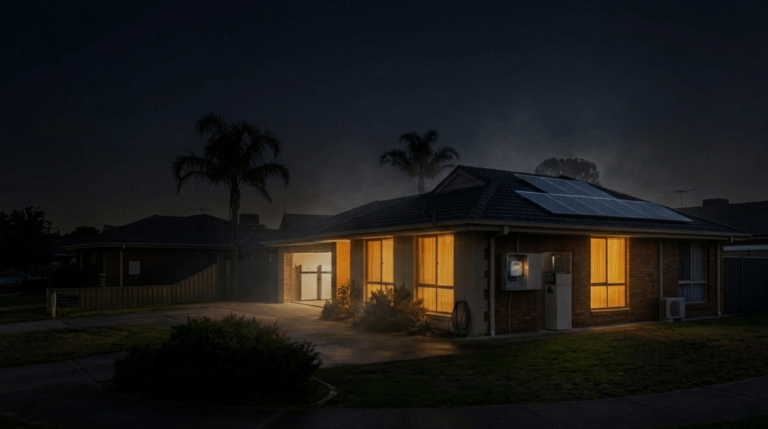 A house at night with its windows lit while the street around it is dark