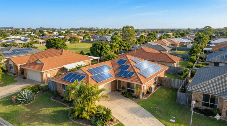 Aerial view of a Queensland suburb with solar panels on tiled rooftops