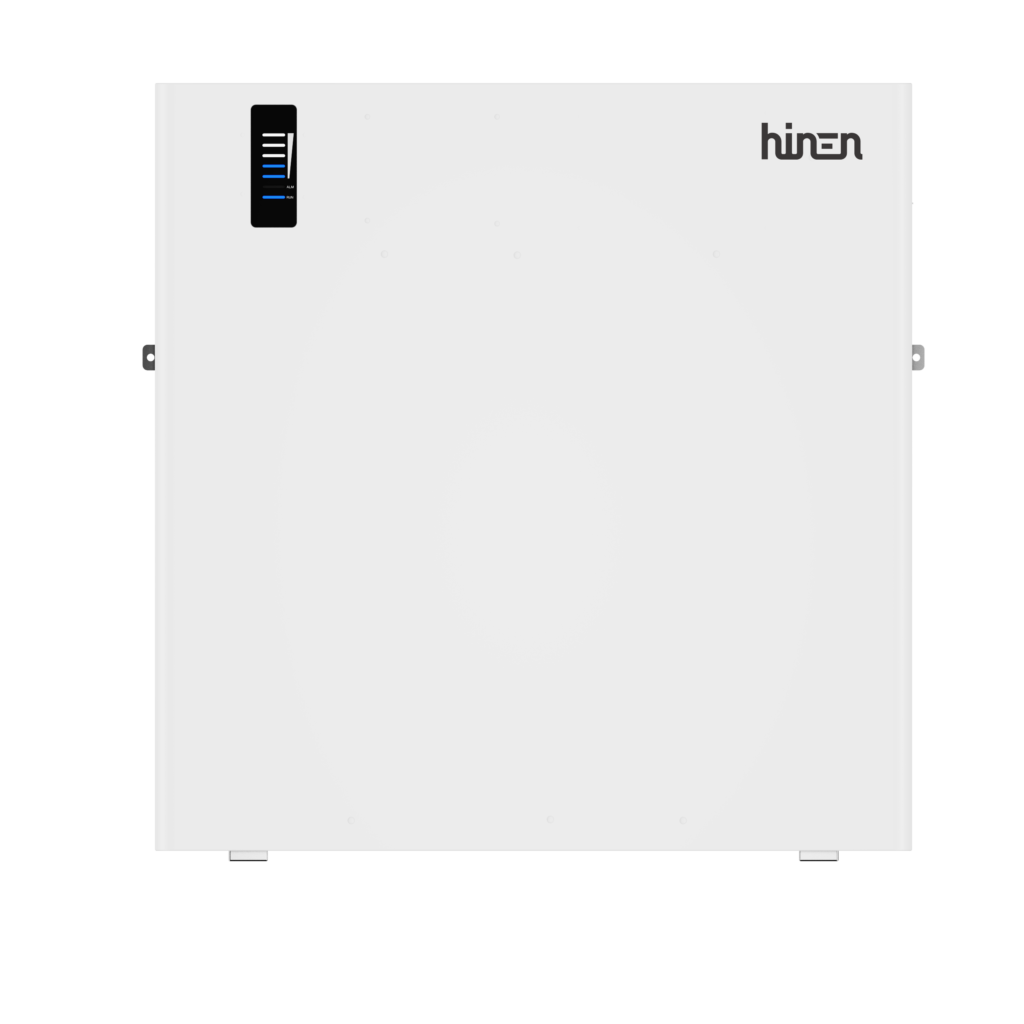 Front view of a Hinen B14400 home battery with its status display lit
