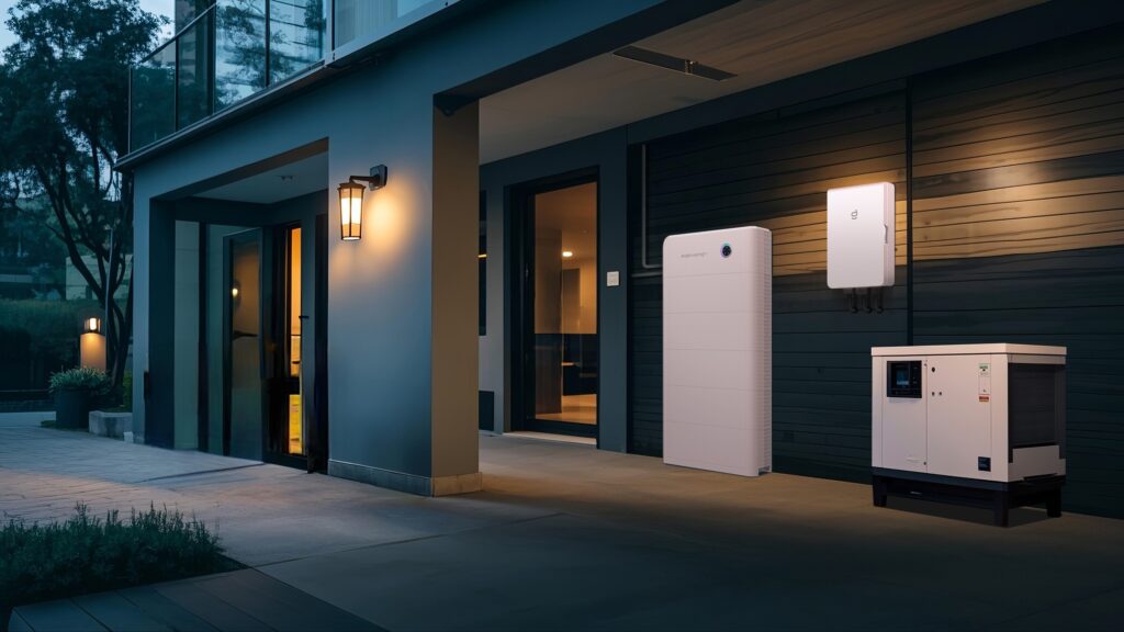 A home lit up at dusk with a battery beside the garage, running on stored solar through the evening peak