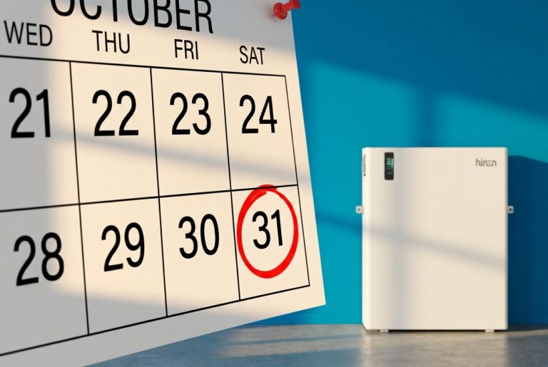 A wall calendar with 31 October circled in red beside a white Hinen home battery
