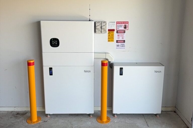 Two white Hinen batteries and an inverter installed in a garage with yellow safety bollards